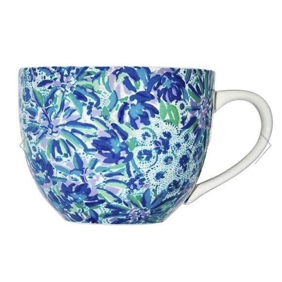 Lilly Pulitzer Set of (2) 12 Ounce Blue Ceramic Coffee Tea Mug Gold Handle NWOT - Picture 2 of 6